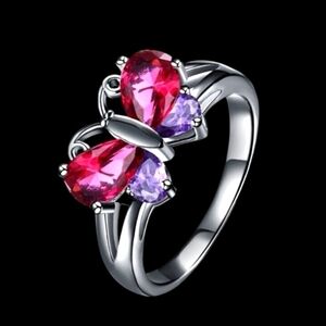 New Women's ring size 8 butterfly purple and red CZ Stones black gunmetal plated